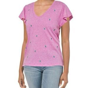 Democracy Women’s T-shirt Pink Flutter Sleeve V-Neck Embroidered Cactus‎ Large